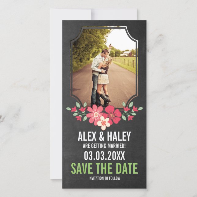 Rustic Chalkboard Floral Save the Date Photo Card (Front)