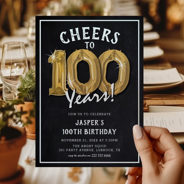 Rustic Chalkboard Gold Balloons 100th Birthday Invitation (Creator Uploaded)