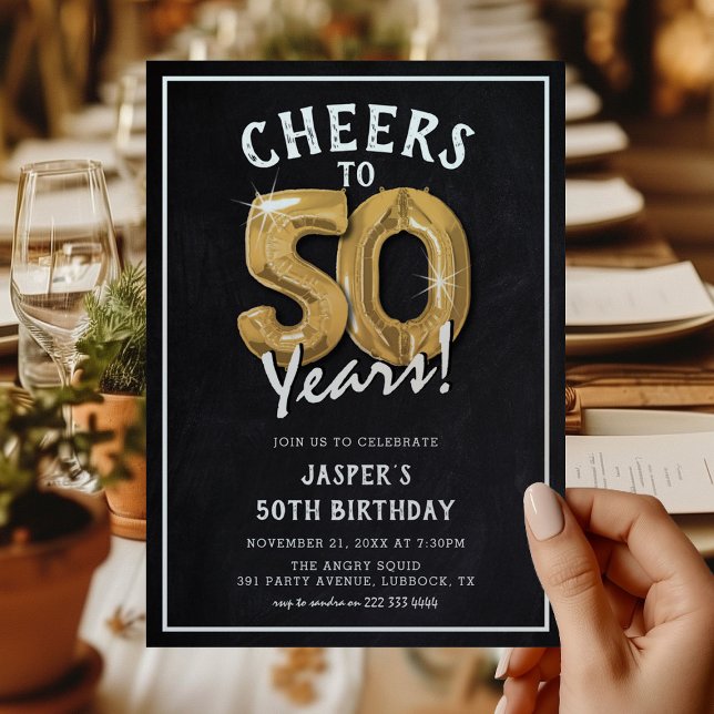 Rustic Chalkboard Gold Balloons 50th Birthday Invitation (Creator Uploaded)