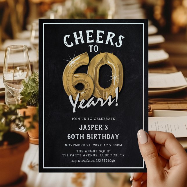 Rustic Chalkboard Gold Balloons 60th Birthday Invitation (Creator Uploaded)