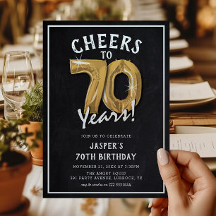 Rustic Chalkboard Gold Balloons 70th Birthday Invitation
