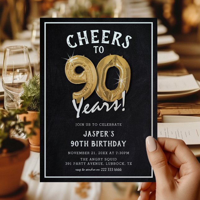 Rustic Chalkboard Gold Balloons 90th Birthday Invitation (Creator Uploaded)