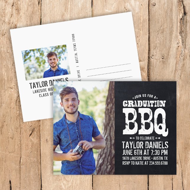 Rustic Chalkboard Graduation Photo BBQ Invitation Postcard (Creator Uploaded)