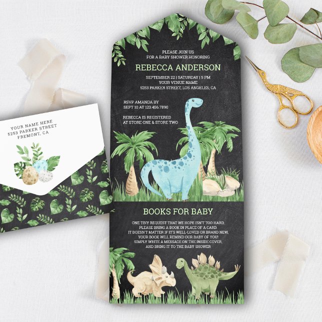 Rustic Chalkboard Jungle Cute Dinosaur Baby Shower All In One Invitation (Creator Uploaded)