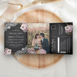 Rustic Chalkboard Lace Pink Floral Wedding Photo Tri-Fold Invitation
