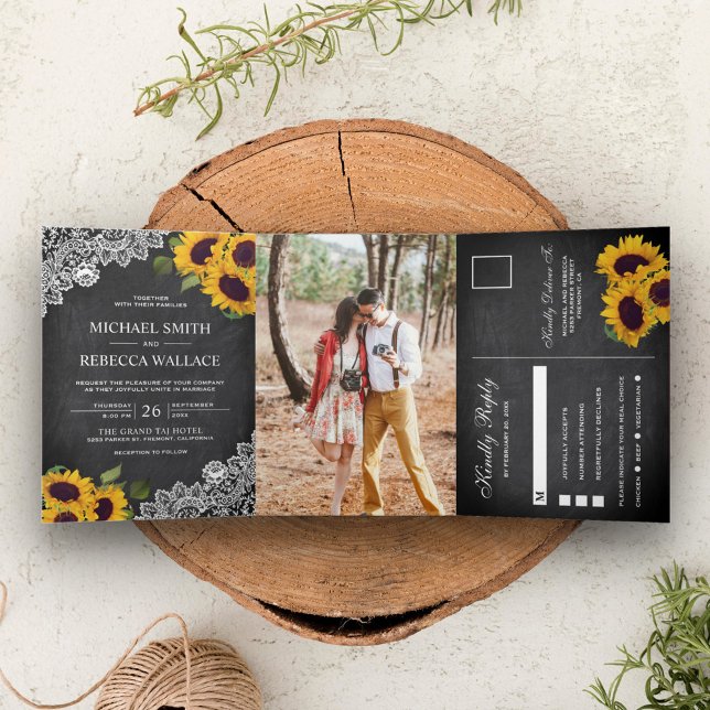 Rustic Chalkboard Lace Sunflower Wedding Photo Tri-Fold Invitation (Creator Uploaded)