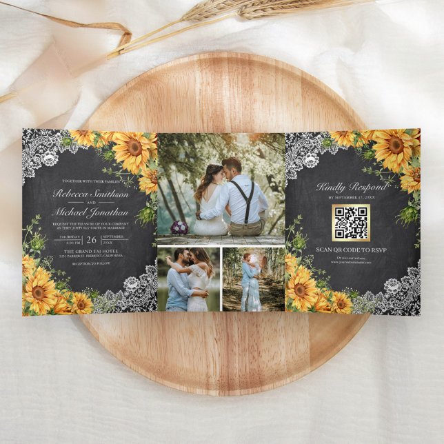 Rustic Chalkboard Lace Sunflowers QR Code Wedding Tri-Fold Invitation (Creator Uploaded)