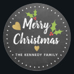 Rustic Chalkboard Merry Christmas Classic Round Sticker<br><div class="desc">Merry Christmas stickers to personalise with family name. A rustic chalkboard background with holly berries and gold hearts makes the Christmas greetings sticker seals unique.</div>