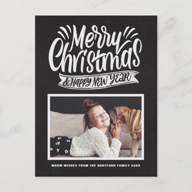 Rustic Chalkboard Merry Christmas Script Photo Holiday Postcard (Front)