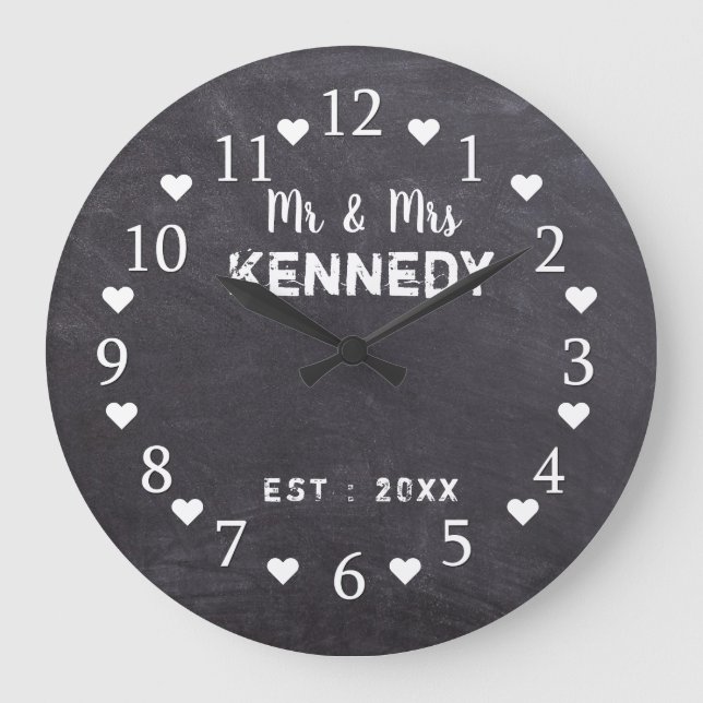 Rustic Chalkboard Mr And Mrs Wedding Large Clock (Front)
