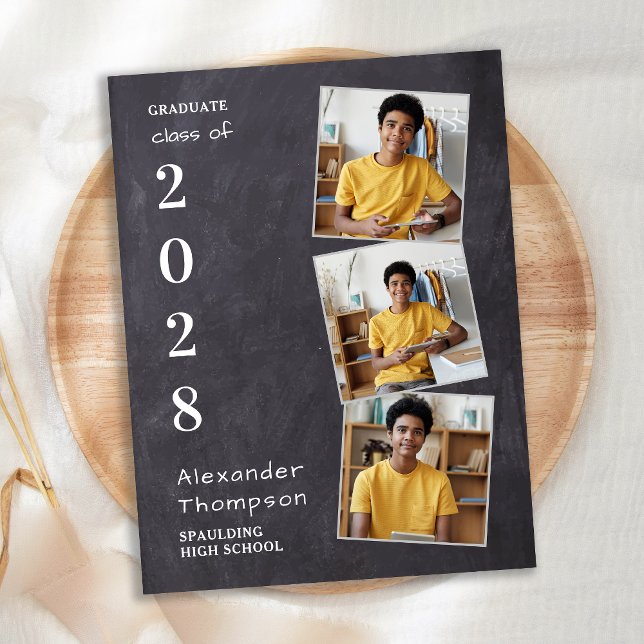 Rustic Chalkboard Personalised 3 Photo Graduation Invitation Postcard (Creator Uploaded)