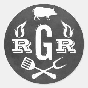 Rustic Chalkboard Pig Roast BBQ Monogram Classic Round Sticker
