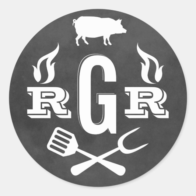 Rustic Chalkboard Pig Roast BBQ Monogram Classic Round Sticker (Front)