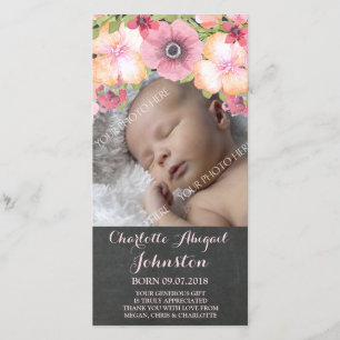 Rustic Chalkboard Pink Flowers Thank You Shower Card
