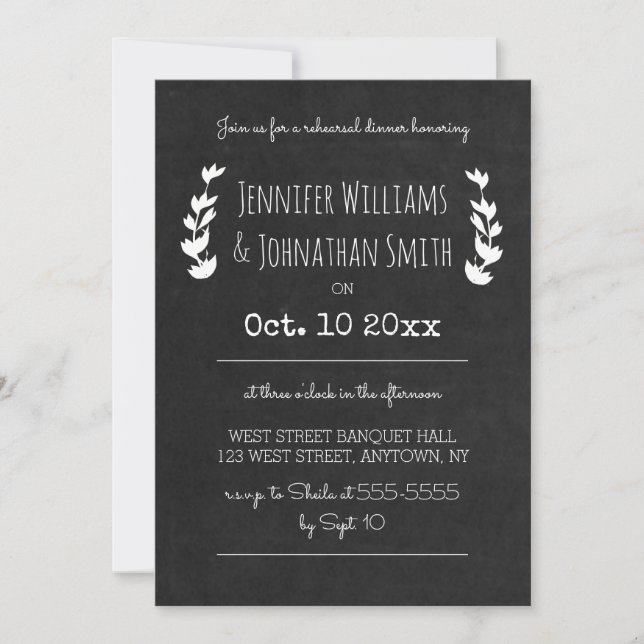 Rustic chalkboard rehearsal dinner invitations (Front)