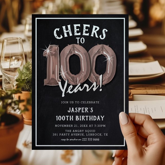 Rustic Chalkboard RoseGold Balloons 100th Birthday Invitation (Creator Uploaded)