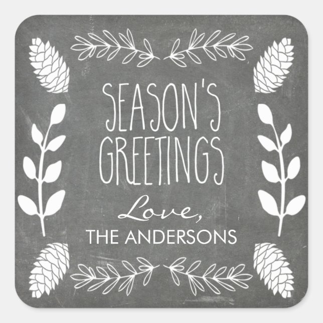 Rustic Chalkboard Season's Greetings Christmas Square Sticker (Front)