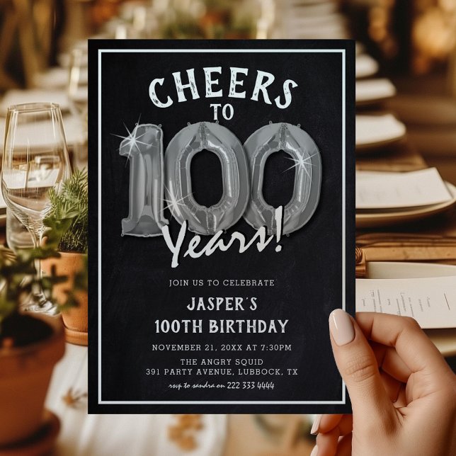 Rustic Chalkboard Silver Balloons 100th Birthday Invitation (Creator Uploaded)