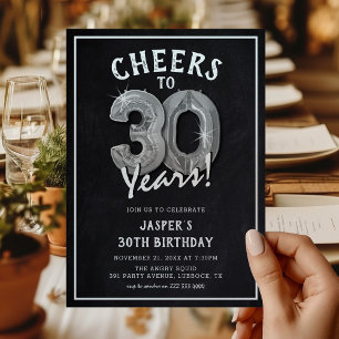 Rustic Chalkboard Silver Balloons 30th Birthday Invitation
