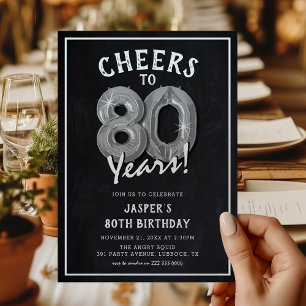 Rustic Chalkboard Silver Balloons 80th Birthday Invitation