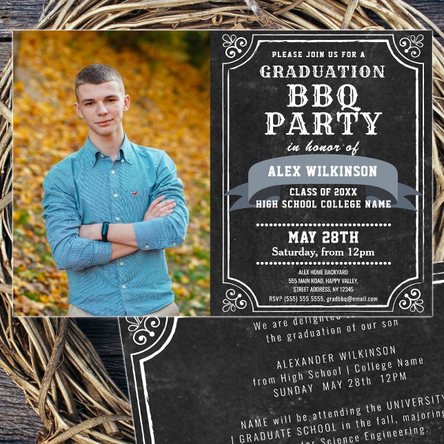 Rustic Chalkboard Simple Photo Graduation BBQ Invitation (Creator Uploaded)
