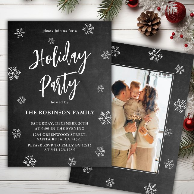 Rustic Chalkboard Snowflake Photo Holiday Party Invitation (Creator Uploaded)