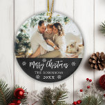 Rustic Chalkboard Snowflake Photo Merry Christmas  Ceramic Ornament<br><div class="desc">Rustic Chalkboard Snowflakes Hand Lettered Script "Merry Christmas" Family Photo Ornament. Features a family photo,  a Merry Christmas text which is written in handwritten calligraphy script,  snowflakes and year on black chalkboard or blackboard colour background. Easy to personalise it.</div>