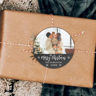 Rustic Chalkboard Snowflakes Photo Merry Christmas Classic Round Sticker