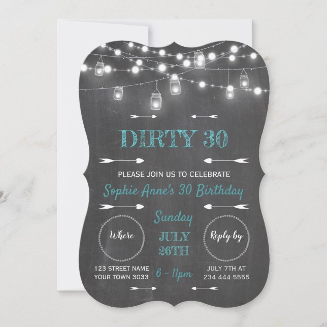 Rustic Chalkboard String Lights Dirty 30 Birthday Invitation (Front)