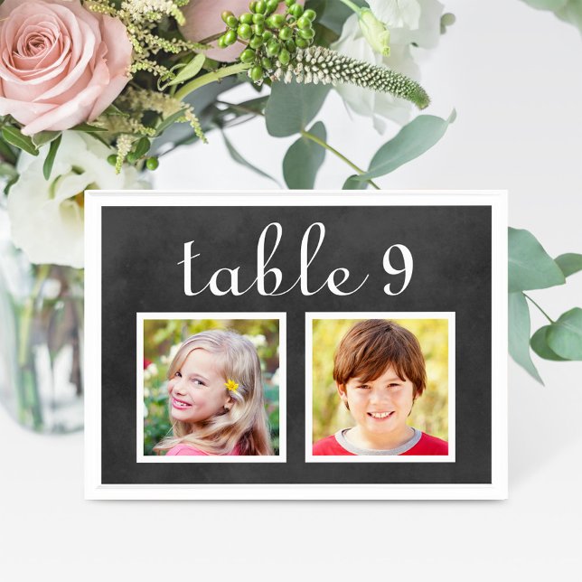 Rustic Chalkboard Two Photo Table Number Card (Creator Uploaded)