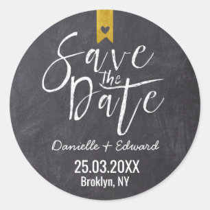 Rustic Chalkboard Typography Gold Save the Date Classic Round Sticker