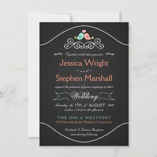 Rustic Chalkboard Wedding LoveBirds Invitation (Front)