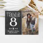 Rustic Chalkboard Wedding Photo Table Number Card<br><div class="desc">Chalk-style calligraphy and a large photo on a dark chalkboard background create a charming rustic wedding table number card. The couple's names and wedding date are displayed in decorative lettering beneath the photo. To customise, type in the table number, click Change by the default photo to upload your own, and...</div>