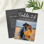Rustic Chalkboard Wedding Photo Table Number Card<br><div class="desc">Dark chalkboard background and handwritten-style calligraphy frame your favourite photo on the front of this rustic two-sided wedding table number card. The back includes a customisable photo location heading and text area where you can share the story behind the photo, a favourite memory, or why the location is meaningful. To...</div>