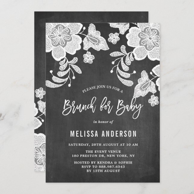 Rustic Chalkboard White Floral Lace Baby Brunch Invitation (Front/Back)