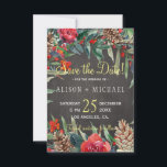 Rustic Chalkboard Winter Floral Christmas Wedding Save The Date<br><div class="desc">Rustic elegant winter wedding stylish save the date template card on dark grey charcoal chalkboard featuring watercolor red and green flowers, winter botanicals, pine cones, and foliage. Personalise with your details! The invitation is suitable for elegant winter rustic country | mountains resort or cottage | floral farmhouse style | December...</div>