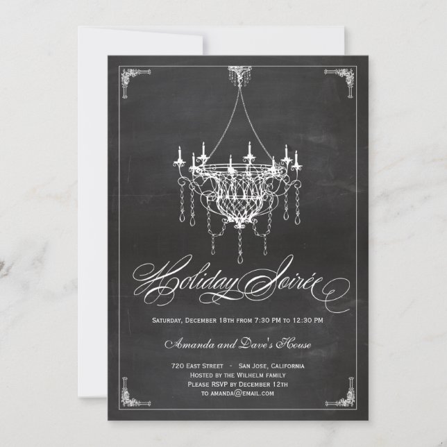 Rustic Chandelier Holiday Invitation - Chalkboard (Front)