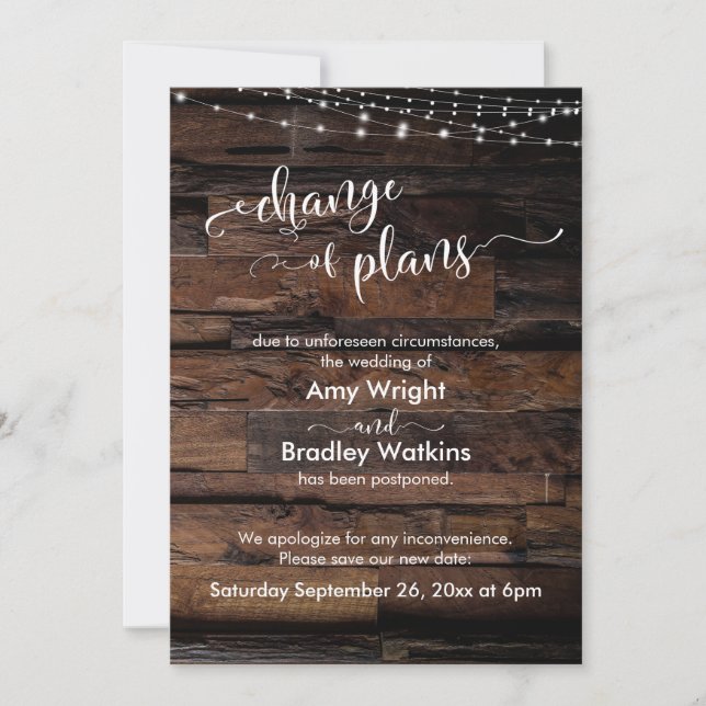 Rustic Change of Plans Postponed Wedding Card (Front)