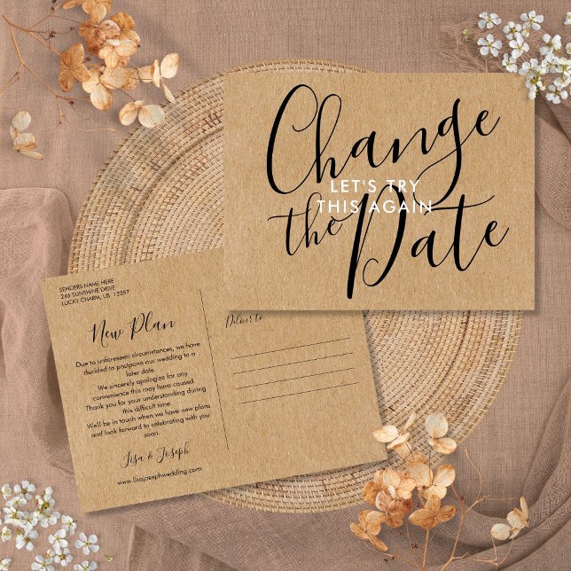 Rustic Change the Date Postponed Cancelled Event Postcard (Rustic Change the Date Postponed Cancelled Event Postcard)