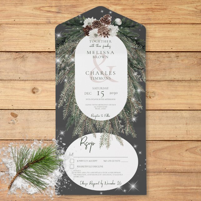 Rustic Charcoal Black Pine Winter Sparkle Details All In One Invitation (Rustic Charcoal Black Pine Winter Sparkle Details All In One Invitation)