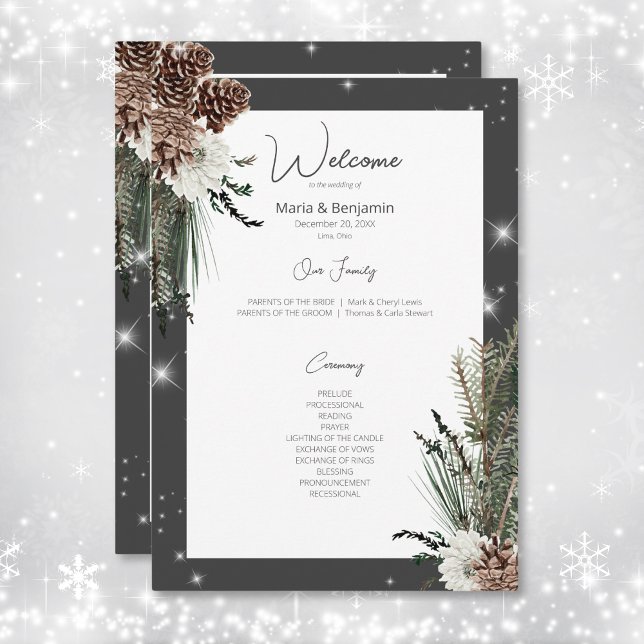 Rustic Charcoal Black Pine Winter Sparkle Wedding Program (Creator Uploaded)