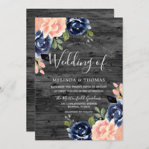 Rustic Charcoal Blush & Navy Blue Flowers Wedding Invitation