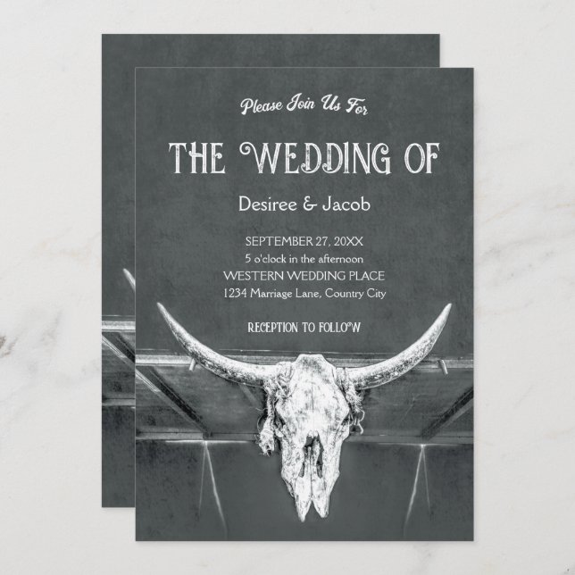 Rustic Charcoal Grey Western Texture Bull Skull Invitation (Front/Back)