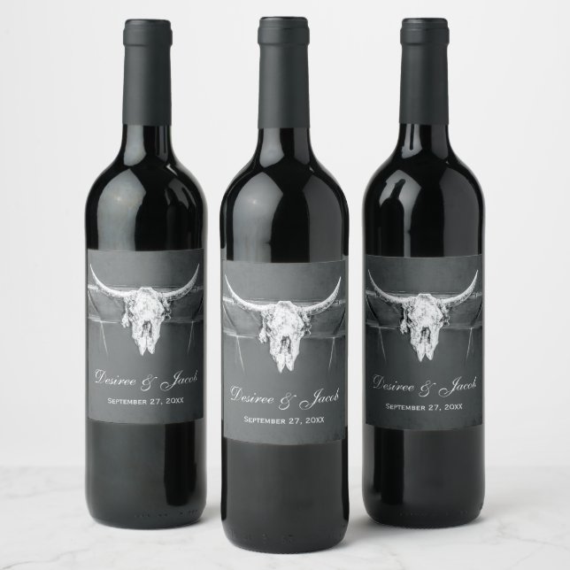 Rustic Charcoal Grey Western Texture Bull Skull Wine Label (Bottles)