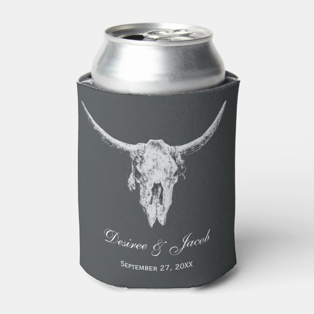 Rustic Charcoal Grey White Western Cow Skull Can Cooler (Can Front)