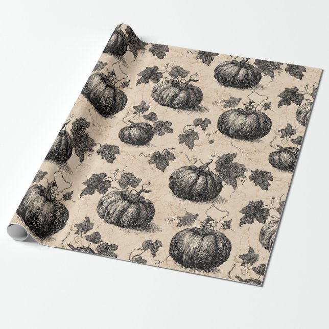 Rustic Charcoal Pumpkin and Vine Fall Wrapping Paper (Unrolled)