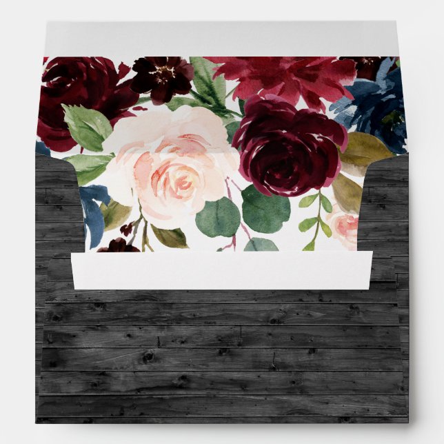 Rustic Charcoal Wood Burgundy Flowers Wedding Envelope (Back (Bottom))