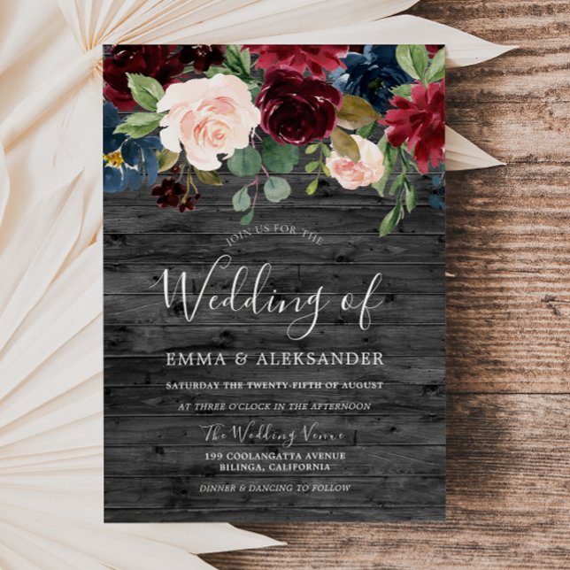Rustic Charcoal Wood Burgundy Red Wine Wedding Invitation (Creator Uploaded)