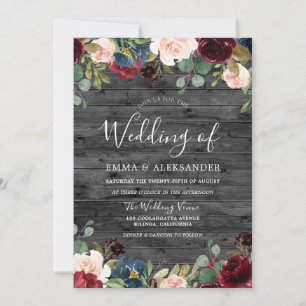 Rustic Charcoal Wood Burgundy Wedding Invite