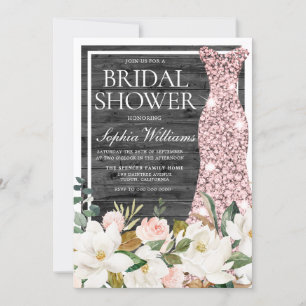 Rustic Charcoal Wood Floral Bridal Shower Dress Invitation